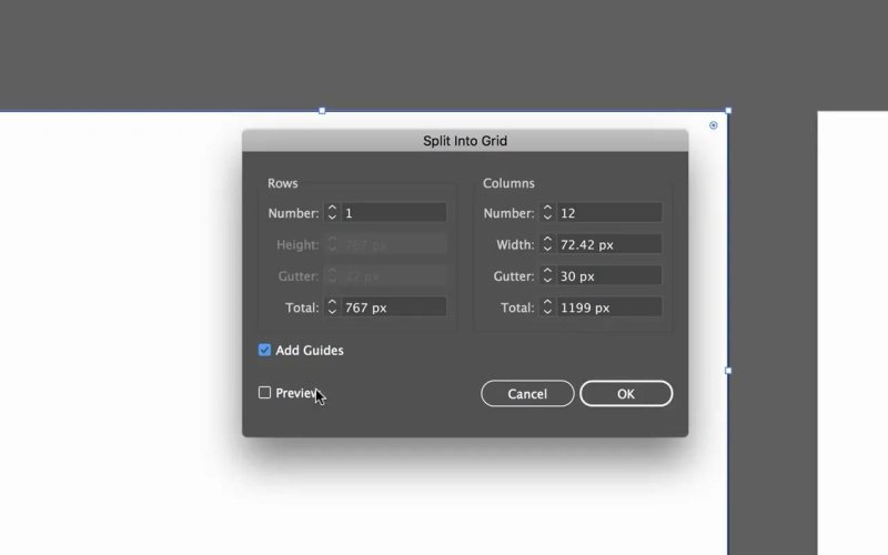 The Split Into Grid dialog in Adobe Illustrator displaying settings for 1 row and 12 columns, with column width set to 72.42 px, gutter to 30 px, total width to 1199 px, and Add Guides checked.