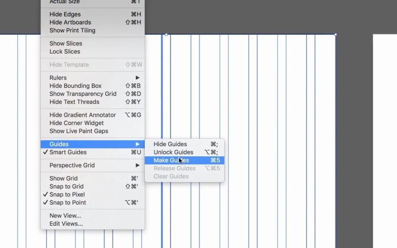 Adobe Illustrator workspace navigating the View menu to Guides and selecting Make Guides, with thin blue vertical column guides visible across the artboard.