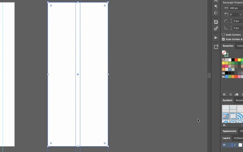 A tall vertical white artboard in Adobe Illustrator with bounding box handles selecting two equal vertical columns separated by a center gutter line, next to the Properties panel displaying a 400 px width.