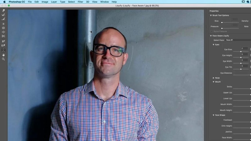 Adobe Photoshop Liquify filter window showing Face-Aware Liquify overlays detecting facial features on a portrait.
