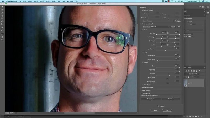 Adobe Photoshop Liquify dialog zoomed into the subject's face at 300%, adjusting facial parameters including eye size, nose width, and smile sliders.