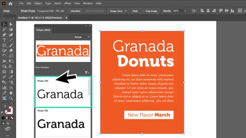 applying the match font feature with retype tool on a scanned mockup document in illustrator