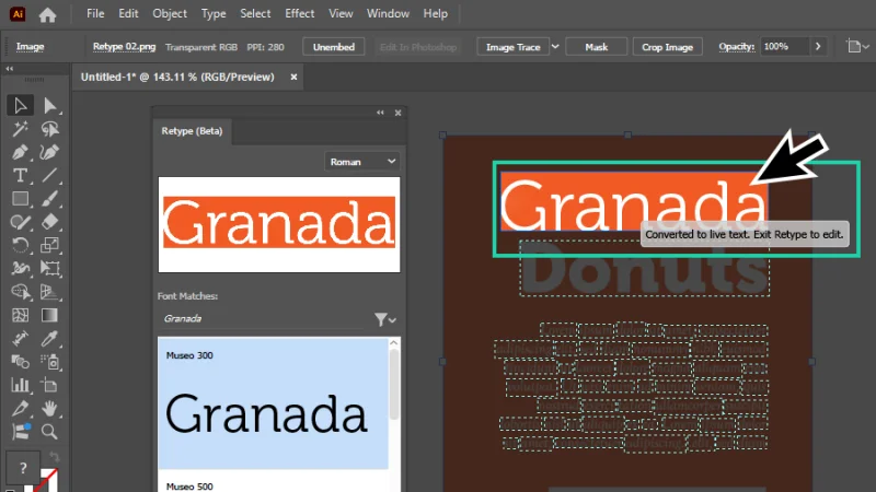 new live text object generated with the retype tool highlighted in illustrator