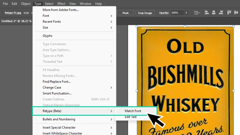 accessing the retype panel from the top menu in illustrator
