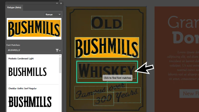 text retype bounding box highlighted in illustrator, displaying the tag click to find font matches