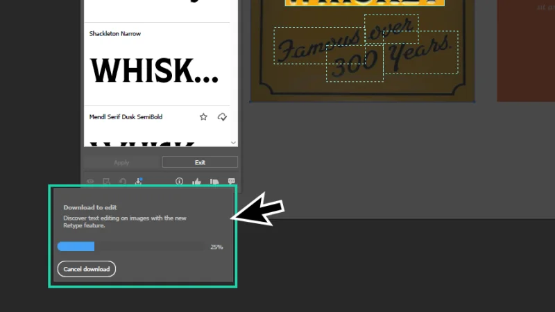 update window for the retype tool showing 25% download progress in illustrator
