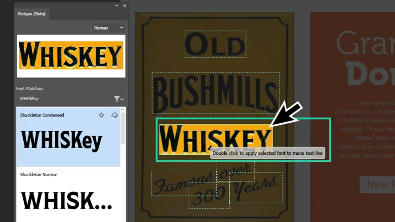 text box displaying the tag double click to apply selected font and make text live in illustrator