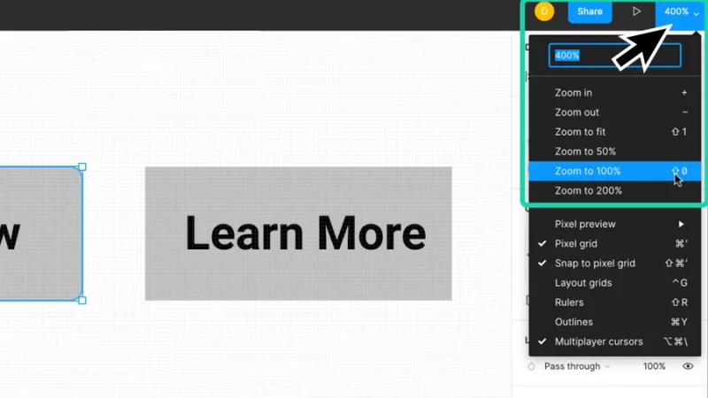 zoom to one hundred percent option inside the view menu in figma