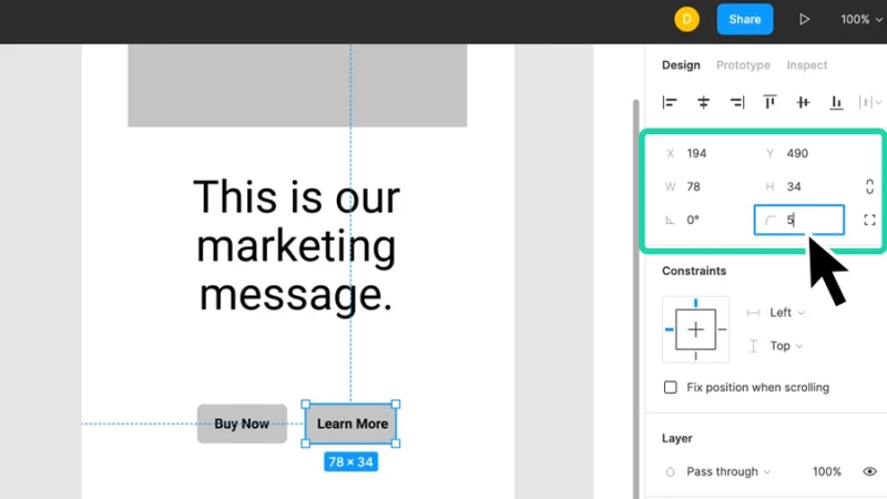 manually adjusting corner radius values in the properties panel in figma