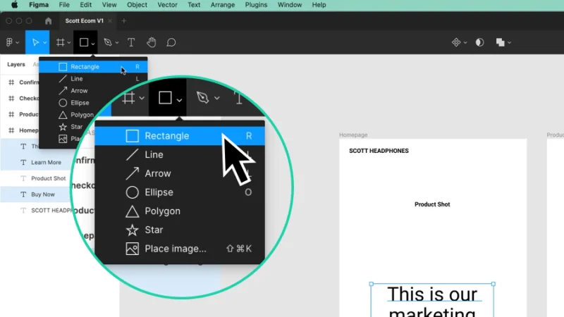 rectangle tool magnified inside shape tools menu in figma