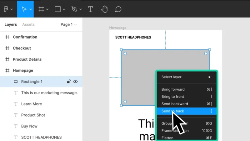 send to back command highlighted inside popup menu in figma