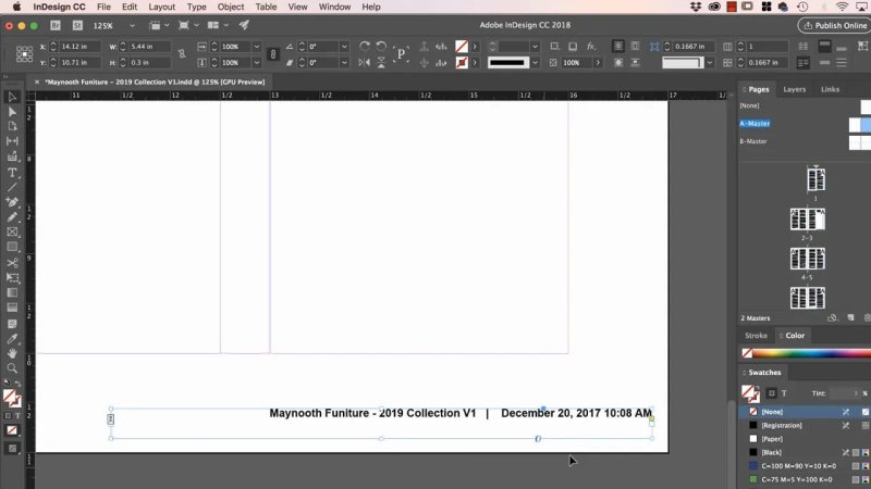 nDesign document footer showing a selected text frame containing dynamic file name and modification date text variables.