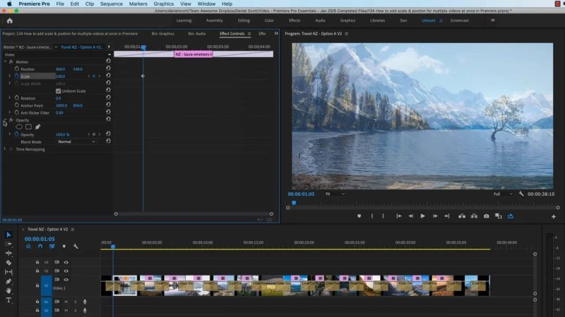 Premiere Pro Effect Controls panel displaying initial keyframes set for Position and Scale on a landscape clip, creating a Ken Burns push-in effect on the timeline.