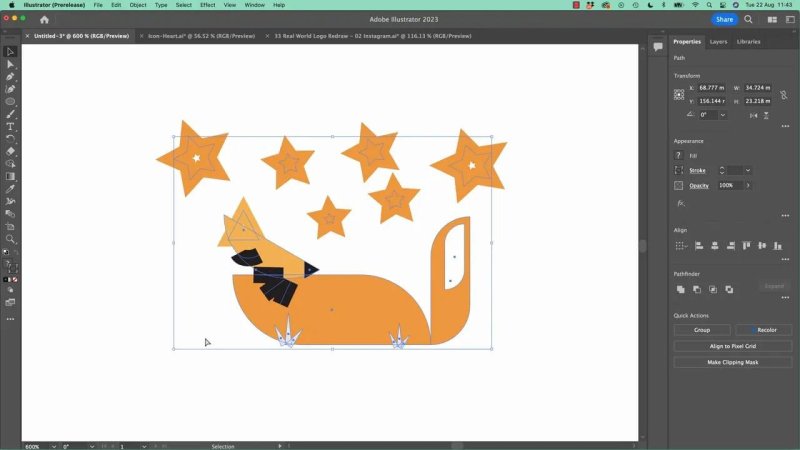 Adobe Illustrator workspace showing all paths selected within an orange vector fox and star illustration.