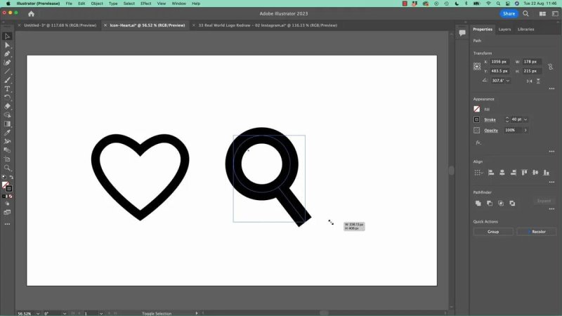 Adobe Illustrator artboard showing a magnifying glass icon line path being scaled down next to a heart icon.