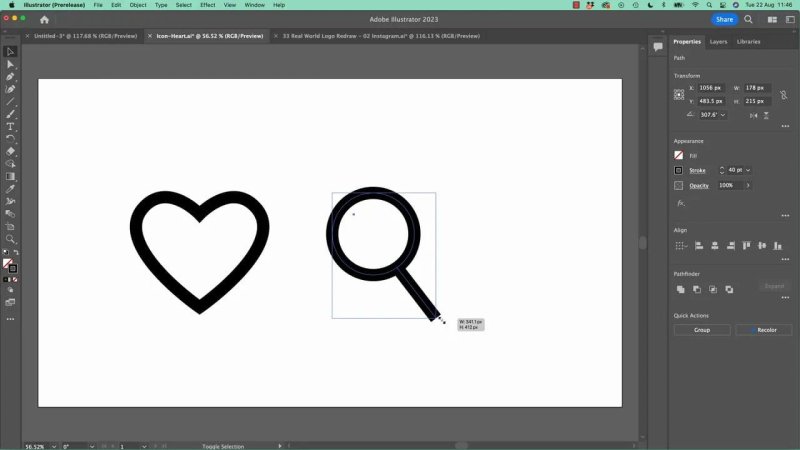 Adobe Illustrator artboard showing a magnifying glass icon path being scaled up proportionally with dimensions displayed.