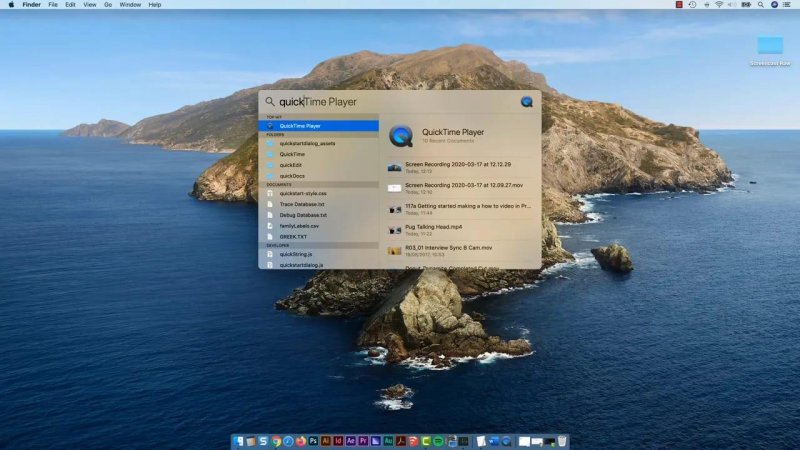 macOS Spotlight search overlay displaying search results and recent screen recordings for QuickTime Player.