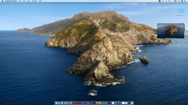 macOS desktop displaying a floating thumbnail in the bottom-right corner immediately after finishing a screen recording.