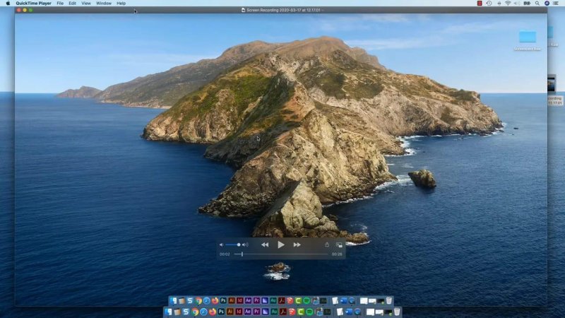 QuickTime Player window playing back a newly captured full-screen desktop video recording.