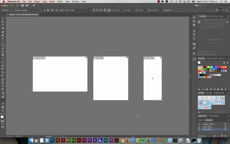 Illustrator workspace displaying three adjacent blank white artboards named 