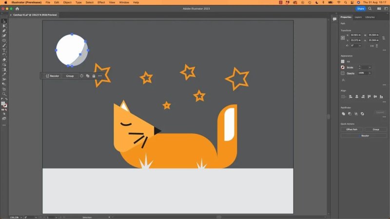 Illustrator workspace showing a vector scene of a sleeping orange fox under a night sky, with bounding box handles and a floating taskbar active around a circular moon illustration