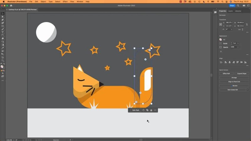 Vector illustration of a stylized sleeping fox in Adobe Illustrator, with selection anchor points and corner radius widgets highlighted over the vertical tail shape.