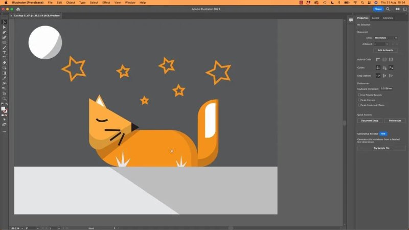 Illustrator artboard displaying a completed vector sleeping fox curled up on the ground, surrounded by orange star shapes and a white circular moon against a dark background