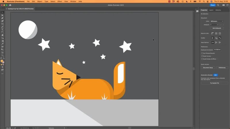 Completed vector scene in Adobe Illustrator showing the orange sleeping fox beneath a moon and multiple solid white stars scattered across a deep gray night sky.