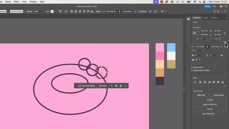 Adobe Illustrator 2024 interface displaying a series of overlapping black vector ellipses over a pink background, establishing the primary geometric boundaries for a donut design.