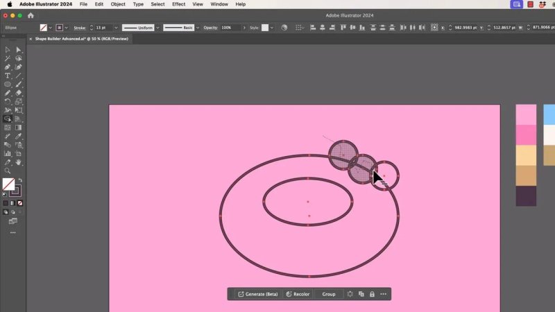 The Shape Builder Tool active in Adobe Illustrator 2024, hovering over overlapping circle intersections to display a dotted selection grid ready for path merging.
