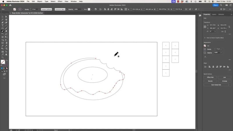 Adobe Illustrator artboard shown in Outline Mode, verifying a clean, single vector path structure of a donut silhouette with a jagged bite taken out of the side.