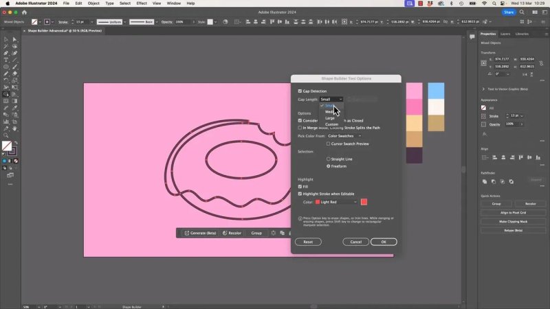 The Shape Builder Tool Options dialog box open in Adobe Illustrator 2024, showing Gap Detection settings and Freeform selection criteria being configured.