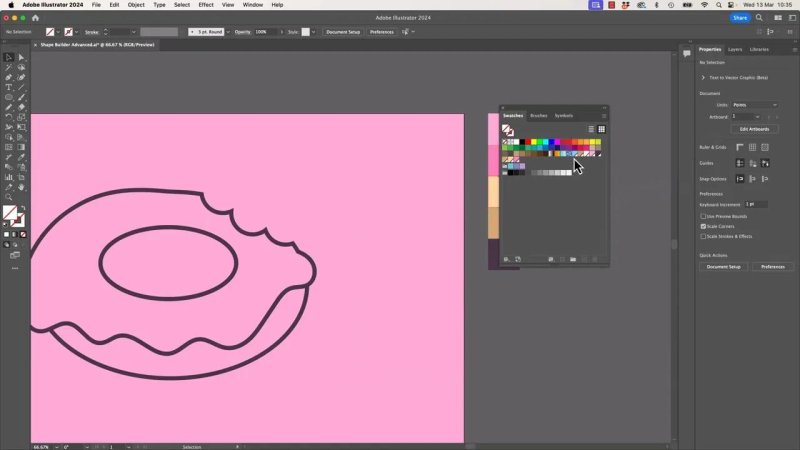 Adobe Illustrator 2023 canvas showcasing a complete black line-art outline of a bitten donut, with the Swatches panel placed on the right side of the screen.