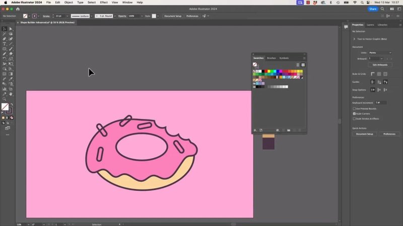 The complete vector illustration of a bitten donut in Adobe Illustrator, featuring colored sprinkles and custom decorative pill shapes layered on top of the frosting.