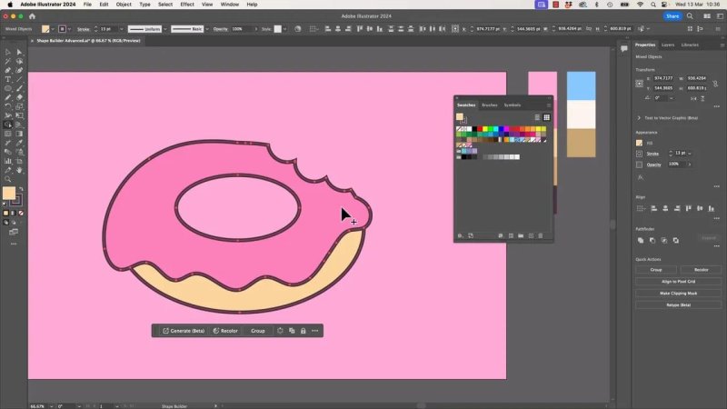The Shape Builder tool being used to fill distinct closed regions of the donut graphic, applying a tan hue to the exposed dough region and pink to the main frosting layer.
