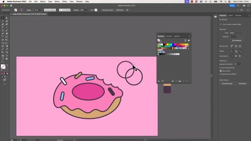 Adobe Illustrator 2024 workspace demonstrating the removal of extra geometric construction circles from the artboard next to the finished colored donut asset.