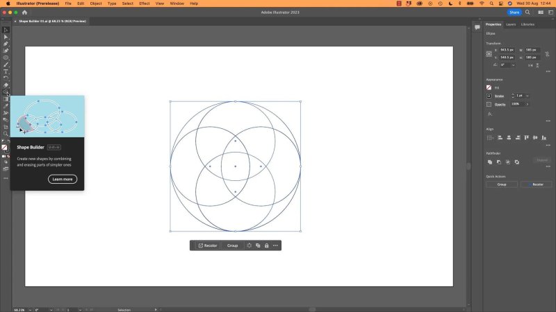 Adobe Illustrator workspace displaying five overlapping circular paths selected on the artboard, with the Shape Builder tool tooltip open in the toolbar.