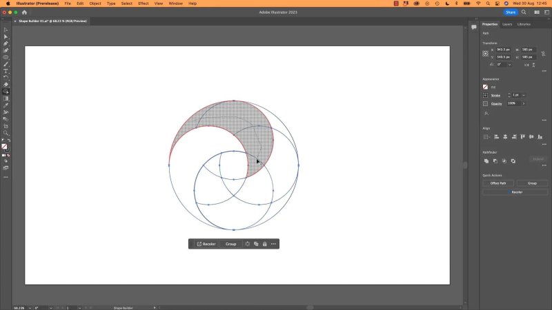 Adobe Illustrator artboard using the Shape Builder tool to merge intersecting crescent segments across overlapping circle strokes.