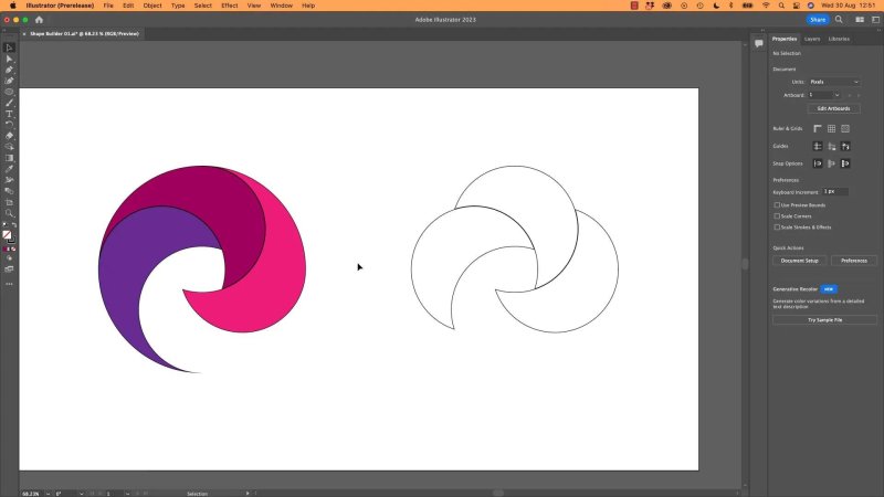 Adobe Illustrator workspace showing two swirl emblem variations created with the Shape Builder tool, one filled with pink and purple and one as an uncolored outline.