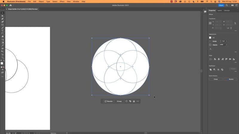 Adobe Illustrator canvas showing an outer circle path with a white fill enclosing the overlapping circular vector geometry on the gray pasteboard.