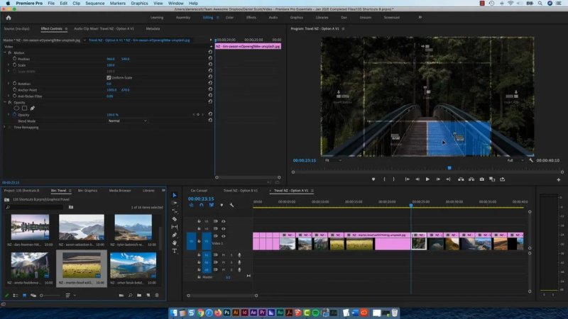 Premiere Pro Program Monitor showing the Program overlay drop zones (Insert, Overwrite, Replace) while dragging a clip onto the timeline.