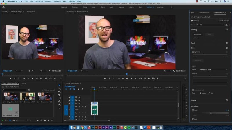 Premiere Pro workspace comparing multi-camera angles in the Source Monitor and Program Monitor alongside the Essential Sound panel.