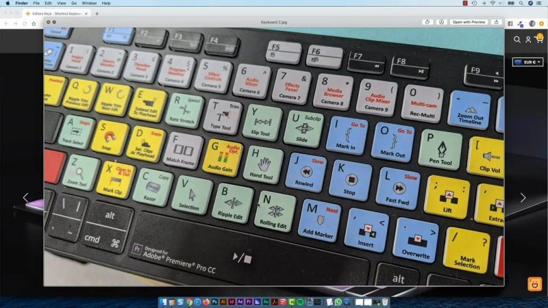 Close-up photo of a dedicated Premiere Pro editing keyboard cover displaying color-coded shortcut commands and tool icons across the keys.