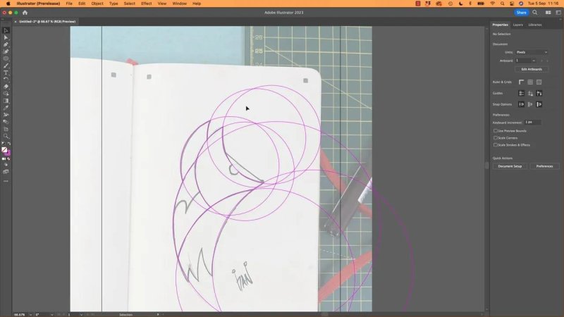 Illustrator workspace showing a placed photograph of an open notebook sketch, overlaid with geometric magenta vector ellipses establishing the curves of a stylized animal head