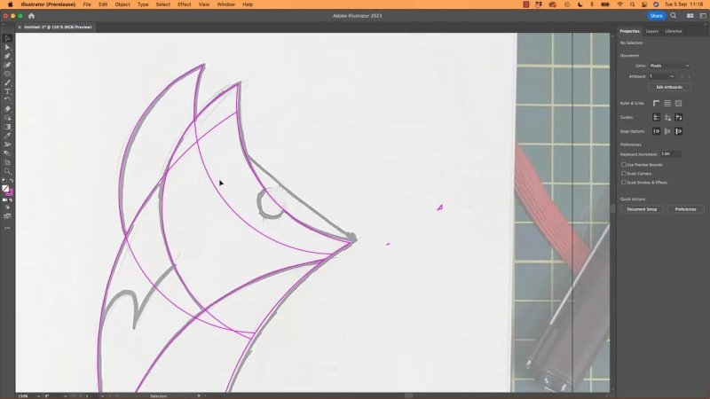 Close-up in Illustrator showing magenta vector outlines intersecting across the sketched profile of a character head, defining precise boundary segments over the pencil drawing