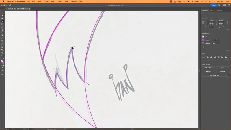 Illustrator canvas zoomed into the lower portion of the sketch beside a handwritten signature, showing active anchor points on a magenta path plotted with the Curvature Too