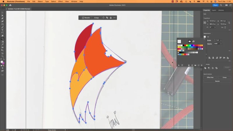 Illustrator interface displaying selected path intersections with the Shape Builder tool active, dividing the artwork into distinct color blocks of red and orange above the sketch layer