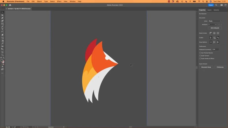 A clean, completed vector mark depicting a stylized fox or bird head profile with smooth red, orange, and white curved segments centered on a dark Illustrator artboard.