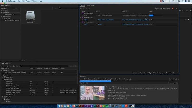 Adobe Media Encoder Queue panel rendering multiple H.264 export presets (High bitrate, Medium bitrate, and Custom Low) to compare file sizes for an intro sequence.