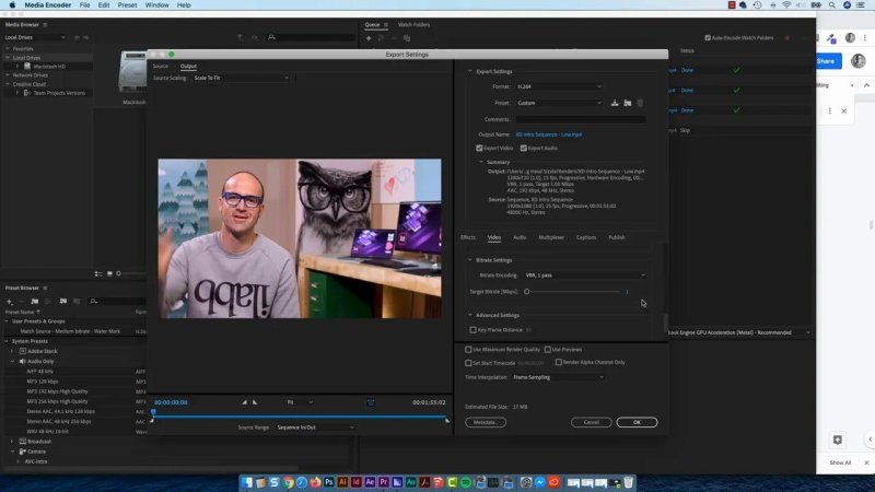 Adobe Media Encoder Export Settings window lowering the Target Bitrate (VBR, 1 pass) to $1\text{ Mbps}$ and reducing frame size to $1280\times 720$ at $15\text{ fps}$ to minimize output file size.